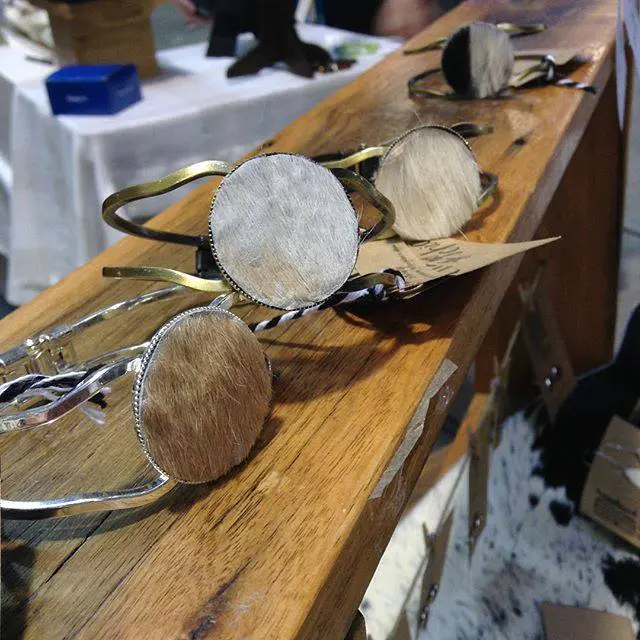 Hand crafted cuff bracelet featuring cow hide, at the Old Bus Depot Markets for Designer Sunday