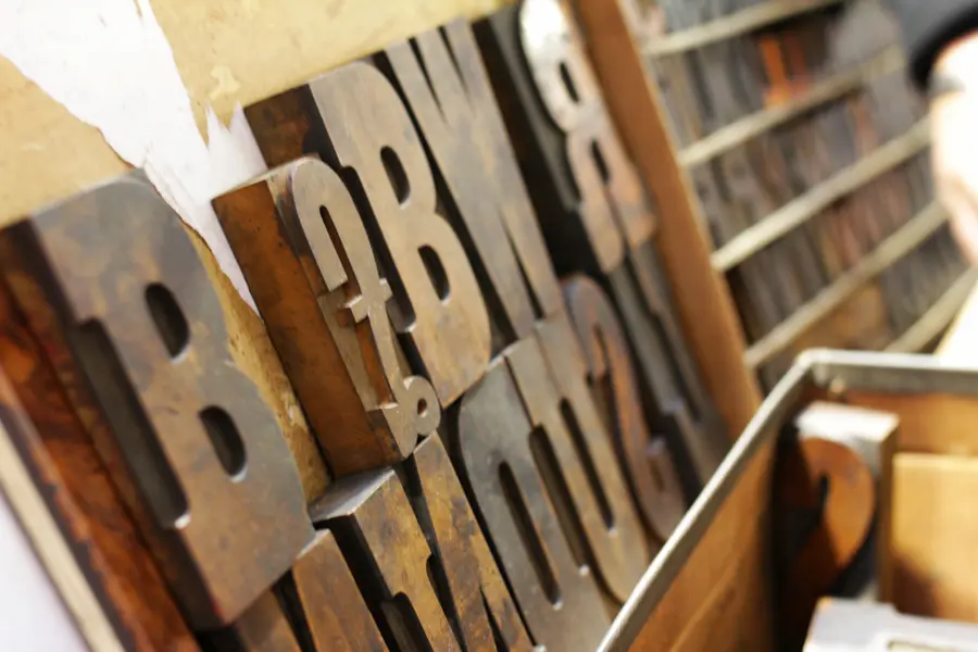 Wooden printing blocks at the Old Bus Depot Markets theme event, Portobello Road