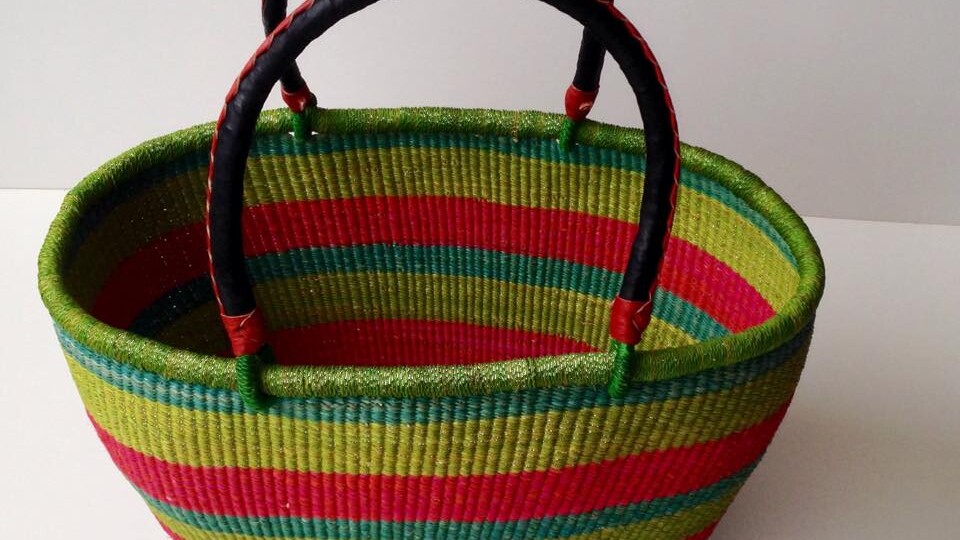 Striped handcrafted African basket at the Old Bus Depot Markets from specialist stallholder for International Day, Ogomeh