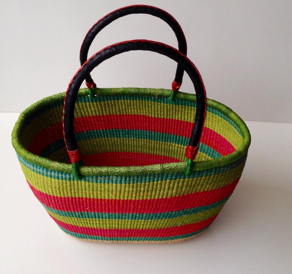 Striped handcrafted African basket at the Old Bus Depot Markets from specialist stallholder for International Day, Ogomeh